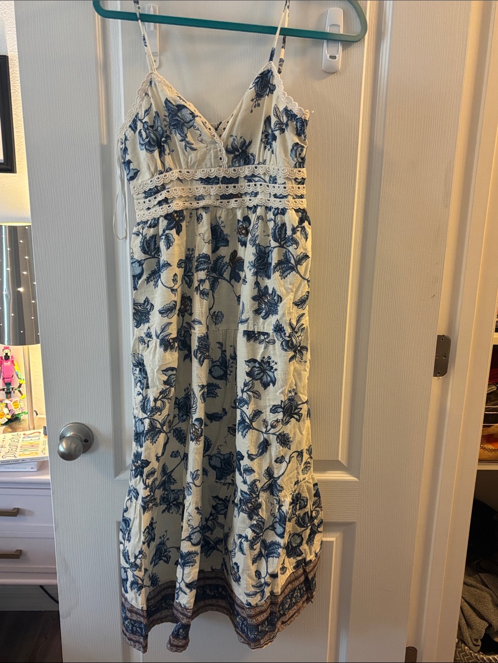 Blue Floral Lace-Trim Maxi Dress